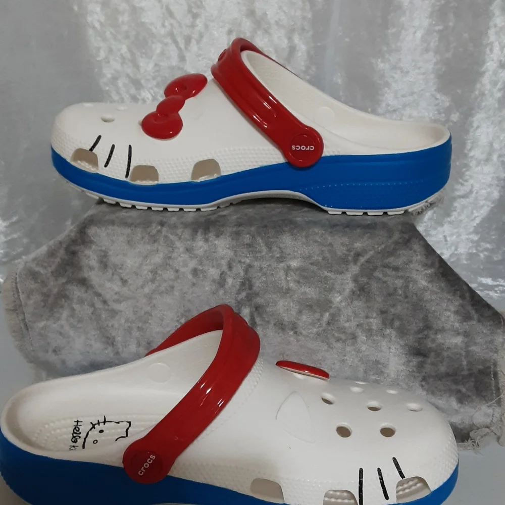 Crocs Hello Kitty New Without Tags Men 7 Women 9 White Red bue - Picture 6 of 14